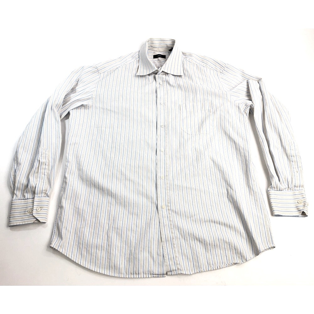 💰Bundle 3/$30 HUGO BOSS Men White/Blue Striped Long Sleeve Shirt size 16.5 32/33